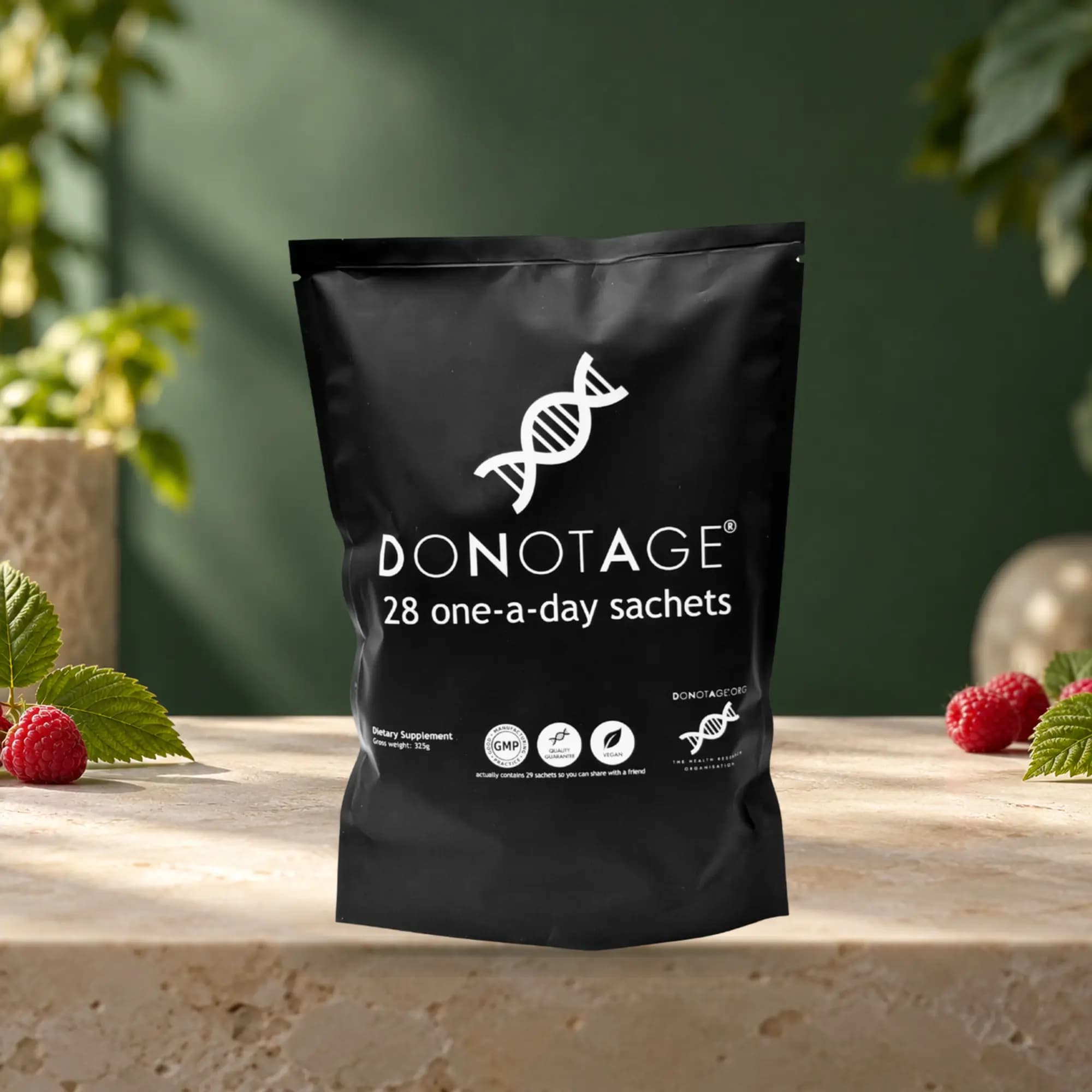 DoNotAge pouch containing 28 one-a-day sachets