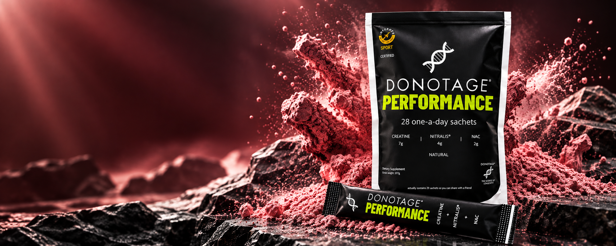 A DoNotAge® Performance pouch and one-a-day sachet in a burst of red powder