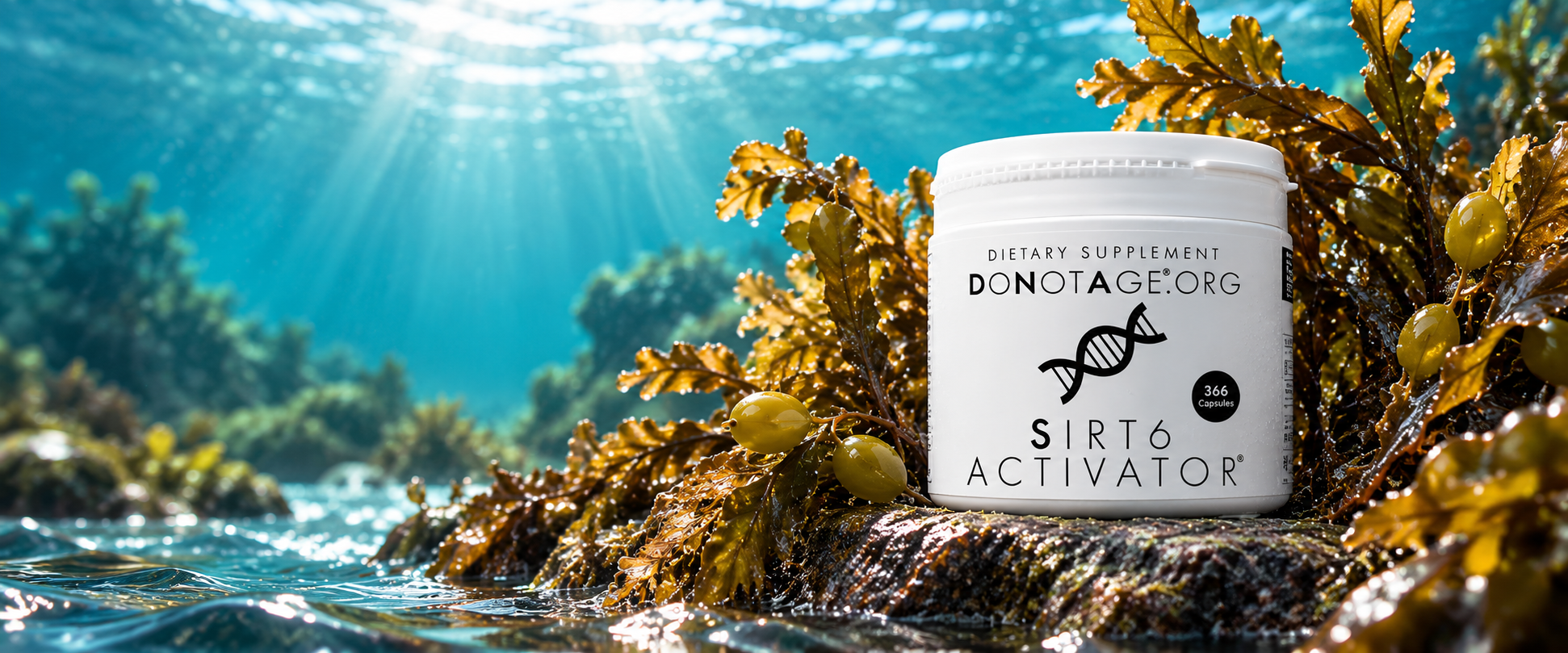 A tub of SIRT6Activator® among seaweed in sunlit water