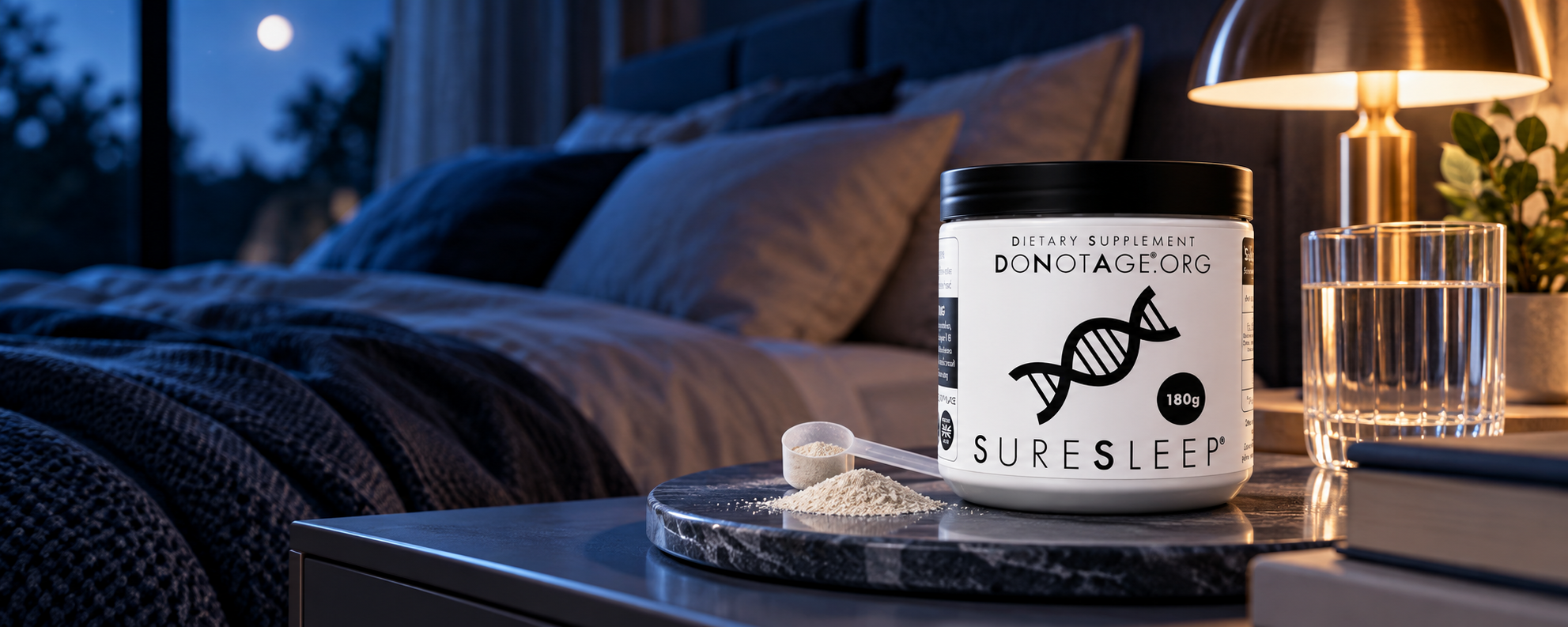A tub of SureSleep® on a bedside table at night